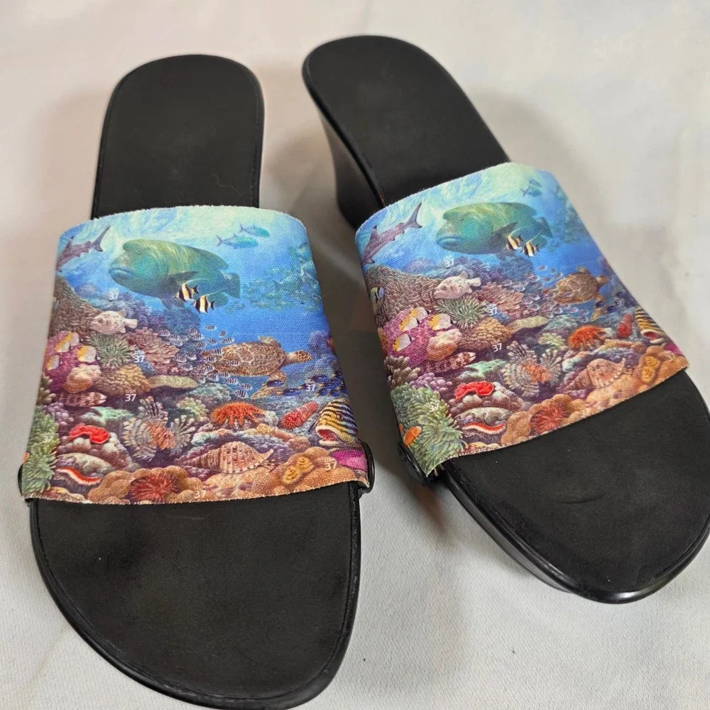 OneSole Interchangeable Wedge‎ Sandals Black Size 7 with 5 Tops Travel Cruise